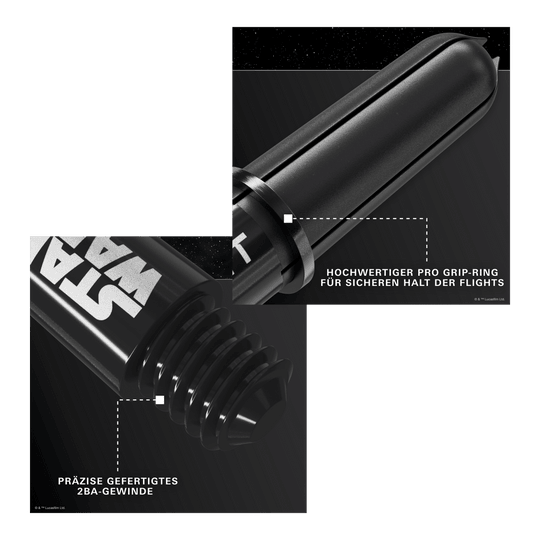 Target Star Wars ProGrip Shafts - Zwart Target Star Wars ProGrip Shafts in Schwarz sind auf dem Bild zu sehen. Diese Schäfte richten sich an Dart- und Star Wars Liebhaber.