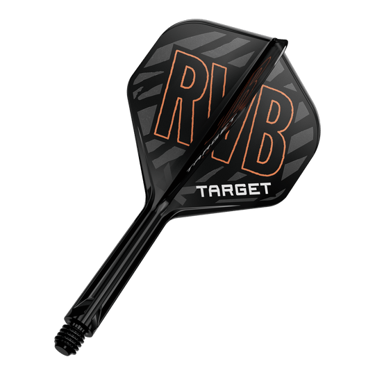 Das Bild zeigt ein schwarzes Dart Flight-Schaft-System mit den Buchstaben „RVB“ in orange. Darunter steht das Wort „TARGET“ in weißen Buchstaben.