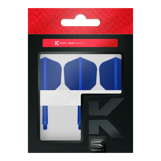 Target K-Flex No6 Flight System - Blauw Das Bild zeigt eine Verpackung mit drei blauen Dart-Flights und Shafts. Oben auf der Verpackung steht "K FLEX | No6 SHAPE" und unten ist das Target-Logo zu sehen.