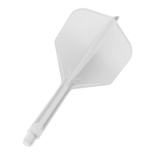 Dies ist ein weißes Dartflight-System mit integriertem Shaft. Das Produkt hat eine schlichte, transparente Optik und ist für den Einsatz im Dartsport gedacht.