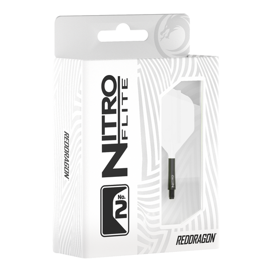 Red Dragon Nitroflite zwarte schacht witte flights nr. 2 Abgebildet ist Red Dragon Nitroflite Black Shaft White Flights No2. Zu sehen sind schwarze Dart-Schäfte mit weißen Flights.