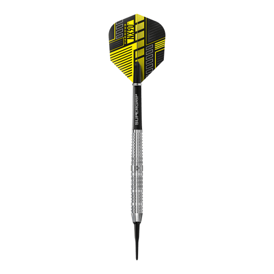 Harrows NX90 parallelle softdarts Das Bild zeigt einen Harrows NX90 Parallel Softdart mit silbernem Schaft und schwarzem Flight. Der Flight hat ein modernes gelb-schwarzes Design.