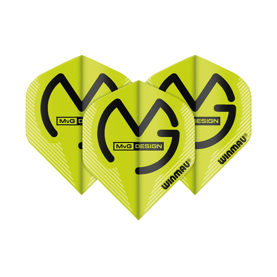 Das Bild zeigt drei grüne Winmau Mega MvG Standard Flights. Auf den Flights ist ein schwarzes „MvG DESIGN“-Logo und das Wort „WINMAU“ gedruckt.