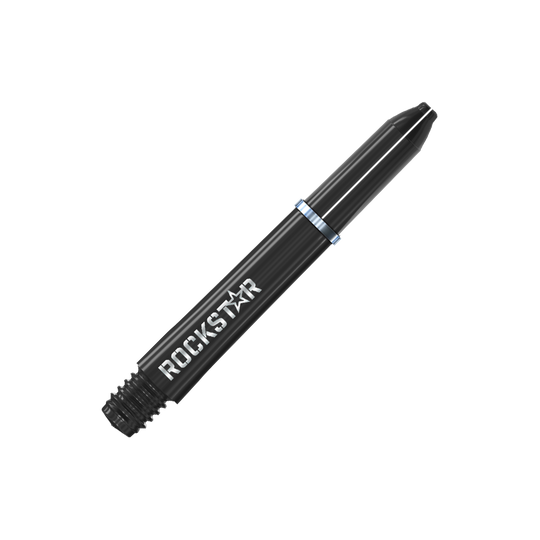 Winmau Joe Cullen Rockstar Nylon Shafts Zwart Auf dem Bild ist ein schwarzer Dart-Schaft mit der Aufschrift "ROCKSTAR" zu sehen. Der Schaft hat einen silbernen Ring in der Mitte.