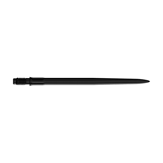 Das Bild zeigt Dartspitzen in Schwarz mit 40mm Länge. Zu sehen sind die Mission R25 Rapid Point SM1 Dartspitzen.