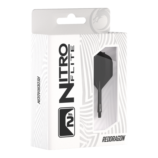 Red Dragon Nitroflite - Zwarte schacht Zwarte No2-vluchten Die Verpackung zeigt das Produkt "Red Dragon Nitroflite - Black Shaft Black No2 Flights". Im Sichtfenster ist ein schwarzer Dart-Schaft mit schwarzem Flight zu sehen.