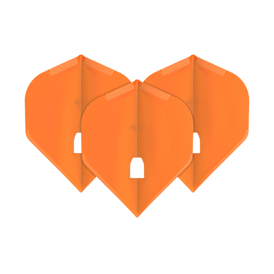L-Style Champagne L1PRO Flights Das Bild zeigt drei orangefarbene Dart-Flights in Standardform. Sie sind ordentlich nebeneinander angeordnet und haben eine glänzende Oberfläche.