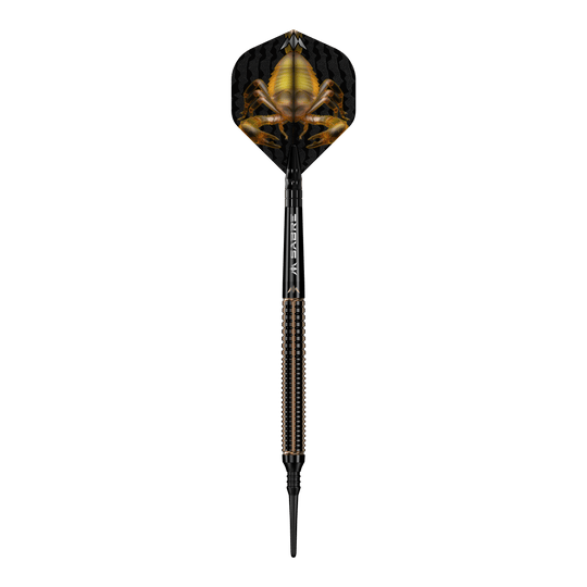 Mission Scorpion zachte dartpijlen - 19g Das Bild zeigt einen Softdart namens "Mission Scorpion Softdarts - 19g". Auf dem Flight ist ein auffälliges Skorpion-Design in Gelb und Schwarz zu sehen.