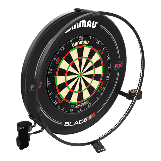 Winmau Plasma-accessoireset Das Bild zeigt das "Winmau Plasma Zubehör Set" für Dartscheiben. Es besteht aus einem beleuchteten LED-Ring und weiterem Zubehör rund um die Dartscheibe.