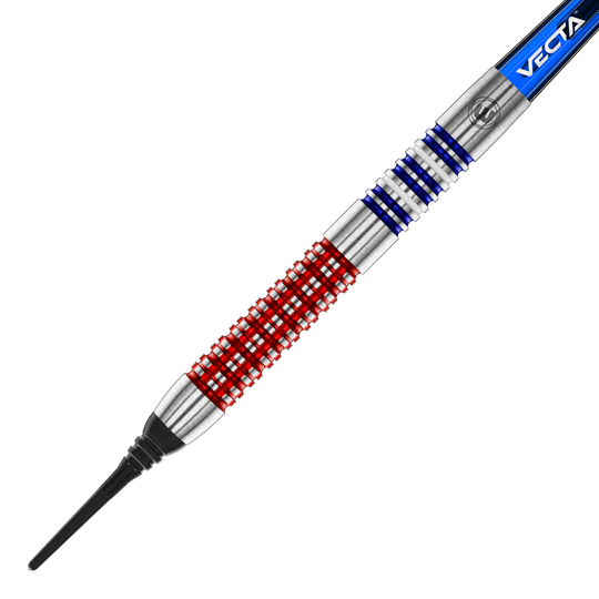 Winmau Garrett Rakowski zachte dartpijlen - 20 g Auf dem Bild ist ein Softdart des Modells "Winmau Garrett Rakowski Softdarts - 20g" zu sehen. Der Dart hat ein auffälliges Design mit roten und blauen Ringen auf dem silbernen Barrel.