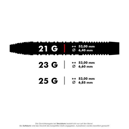 Das Bild zeigt die Produktinformationen für die "Target Bolide 01 Swiss Point Steeldarts". Die Darts wiegen 21 Gramm und haben eine Länge von 53,00 mm sowie einen Durchmesser von 6,40 mm.
