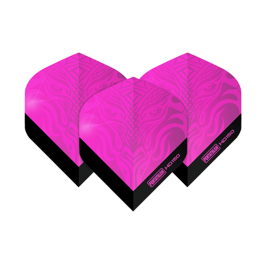 Pentatlon HD150 Metallic Roze Standaard Vluchten Das Bild zeigt drei Pentathlon HD150 Metallic Pink Standard Flights. Die Flights sind leuchtend pink mit einem schwarzen unteren Rand und einem dekorativen Muster.
