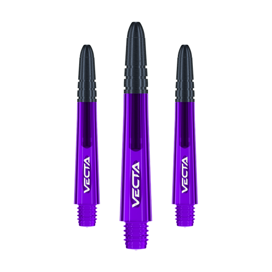 Winmau Vecta Shafts - Paars Zwart Das Bild zeigt drei violett-schwarze Dartschäfte mit der Aufschrift "VECTA". Sie sind gleich lang und nebeneinander angeordnet.