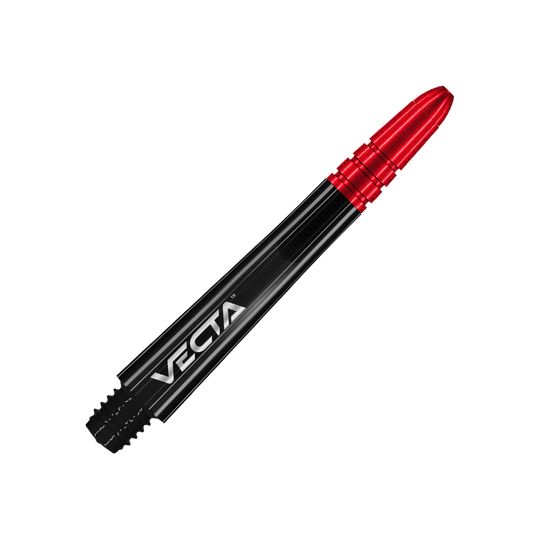 Das Bild zeigt einen schwarzen und roten Dartshaft mit der Aufschrift "Vecta". Der Shaft hat eine Länge von 40 mm und wird von der Marke Winmau hergestellt.
