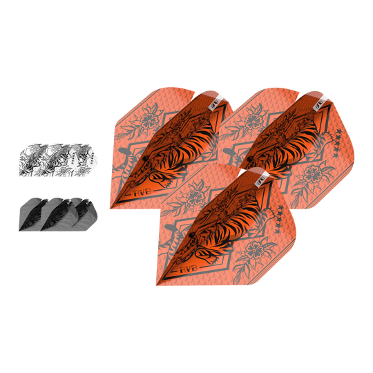 Target Inktbundel 3 sets Raymond Van Barneveld No2 standaardvluchten Das Bild zeigt drei Sätze Dartflights in verschiedenen Farben und Designs, darunter auffällige orangefarbene Flights mit Tiger-Motiv. Es handelt sich um das Produkt "Target Ink Bundle 3 Sets Raymond Van Barneveld No2 Standard Flights."