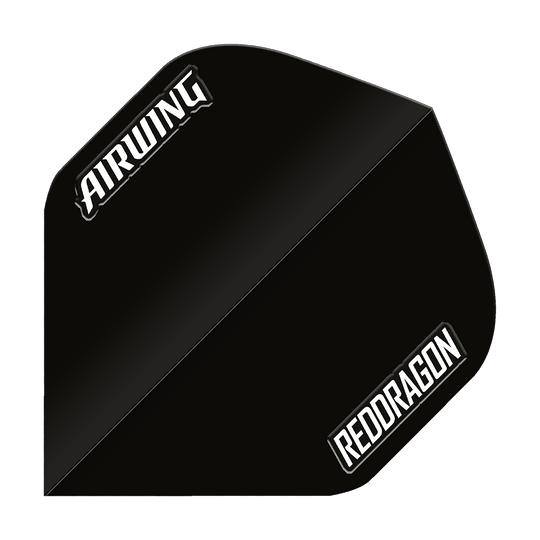 Das Bild zeigt einen schwarzen Dartflight mit der Aufschrift "AIRWING" und "REDDRAGON" in Weiß. Es handelt sich um das Produkt "Red Dragon Airwing Black Standard Flights".