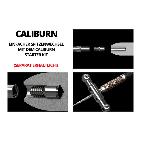 Das Bild zeigt verschiedene technische Details und Montageschritte eines Steeldartspitzensystems. In roter Schrift steht „(SEPARAT ERHÄLTLICH!)“ auf dem Bild.