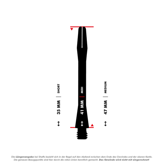 HR366_Harrows_Keramic_Shafts_5_41mm Das Bild zeigt die unterschiedlichen Längen der Harrows Keramic Shafts - Gun Metal, nämlich Short (35 mm), Midi (41 mm) und Medium (47 mm). Die Längen werden ohne das Gewinde gemessen, wie durch die roten Linien angezeigt.