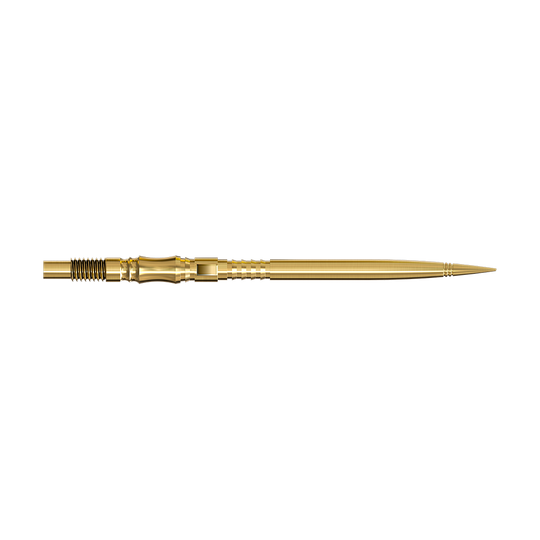 Harrows Quick Point Axis Elite Series dartpunten - Goud Zwei lange, goldene Dartspitzen werden seitlich gezeigt. Beide Spitzen liegen parallel auf einer hellen Fläche.