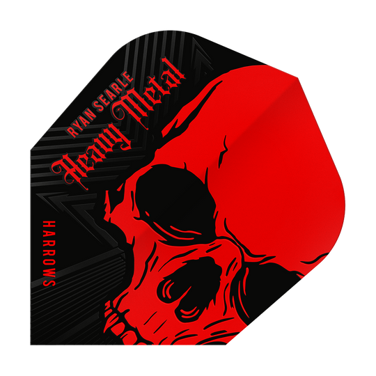 Ryan Searle van Harrow Heavy Metal No6 Flights Das Bild zeigt ein Dart-Flight mit einem auffälligen roten Totenkopf-Design. Oben steht der Name "Ryan Searle Heavy Metal" und an der Seite ist "Harrows" zu lesen.