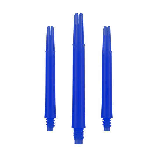 L-L-Style-Shafts Locked Straight - Blauw Auf dem Bild sind drei blaue, gerade Dartschäfte zu sehen. Sie stehen nebeneinander und haben unten ein Schraubgewinde.