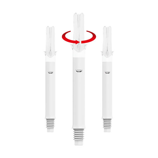 L-L-Style-Shafts Silent Straight - Wit Das Bild zeigt drei weiße Dartshafts mit einem geraden Design. Über dem mittleren Shaft ist ein roter Pfeil zu sehen, der eine Drehbewegung anzeigt.