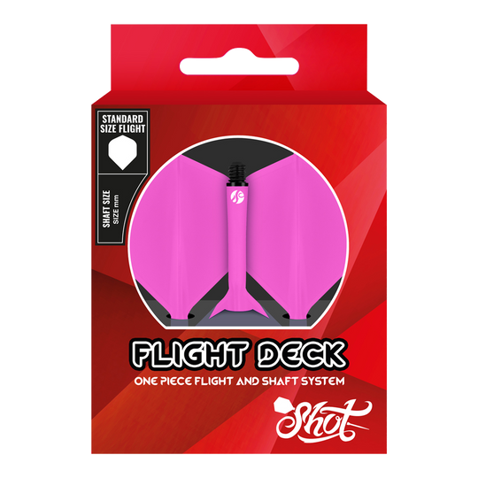 Das Bild zeigt das Produkt "Shot Flight Deck No2 Standard Flight-System - Pink". Es ist ein einteiliges Flights- und Schaftsystem in Pink, in einer roten Verpackung präsentiert.