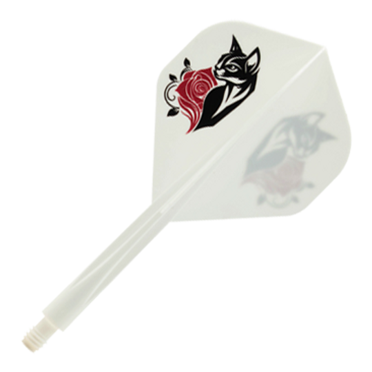 Abgebildet ist das Condor AXE Black Cat White Standard Flight-Shaft-System. Das Produkt bietet eine Kombination aus Flight und Shaft für mehr Stabilität beim Dartspiel.