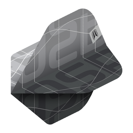 Target Pro Ultra Aspinall X Echo No2 Standaardvluchten - 3 sets Das Bild zeigt ein Set von Target Pro Ultra Aspinall X Echo No2 Standard Flights. Die Flights sind in einem modernen, schwarzen und grauen Design mit geometrischen Mustern gestaltet.