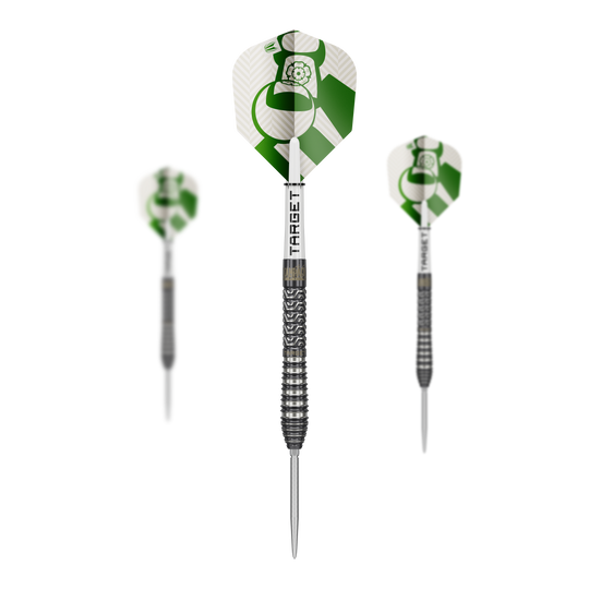 Target Charlie Manby Swiss Points stalen dartpijlen Abgebildet ist das Produkt Target Charlie Manby Swiss Points Steeldarts. Das Bild zeigt ein Set Steeldarts mit spezieller Spitze.