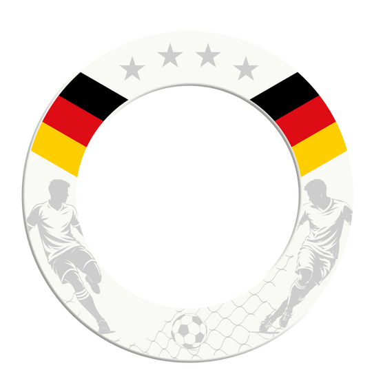 McDart voetbal dartbord ombouw Gezeigt wird die McDart Fußball Dartboard Surround. Diese Umrandung schützt die Wand und bringt Fußball-Design an das Dartboard.