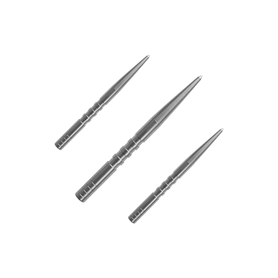 Condor snavelpunt met afgesneden pijlpunten Das Bild zeigt drei silberne Dartspitzen, die nebeneinander angeordnet sind. Sie sind aus Metall und haben eine schlanke, spitz zulaufende Form.