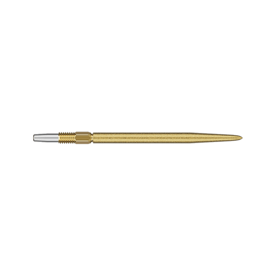Target Swiss Point SLK darttips - goud Auf dem Bild ist eine goldene Dartspitze zu sehen. Sie ist schlank und hat ein silbernes Ende zur Befestigung.