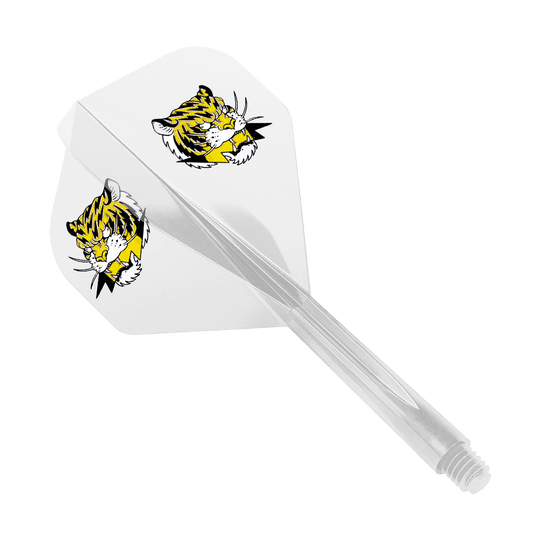 Condor AX Inazuma Tiger Mix Flight System Geel Helder - Standaard Das Bild zeigt das Produkt "Condor AXE Inazuma Tiger Mix Flight-System Yellow Clear - Standard". Auf dem weißen Flight sind zwei gelbe Tigerköpfe abgebildet.