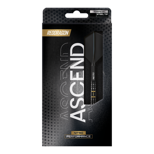 Red Dragon Ascend Torpedo Stalen Pijltjes Dargestellt sind die Red Dragon Ascend Torpedo Steeldarts. Das Bild fokussiert auf die Form und Struktur der Darts.