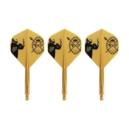 Condor AX Devon Petersen Inspiration Flight System - Standaard Auf dem Bild sind drei gelbe Dart-Flights mit schwarzem Motiv zu sehen. Sie tragen das Design des Condor AXE Devon Petersen Inspiration Flight-Systems in Standardform.