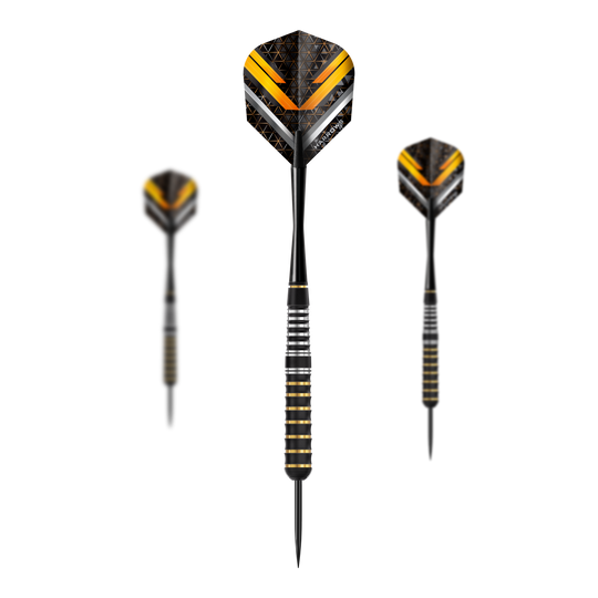 Harrows Vulcan stalen darts Das Bild zeigt die Harrows Vulcan Steeldarts. Es handelt sich um ein Set von Steeldarts für Dartspieler.