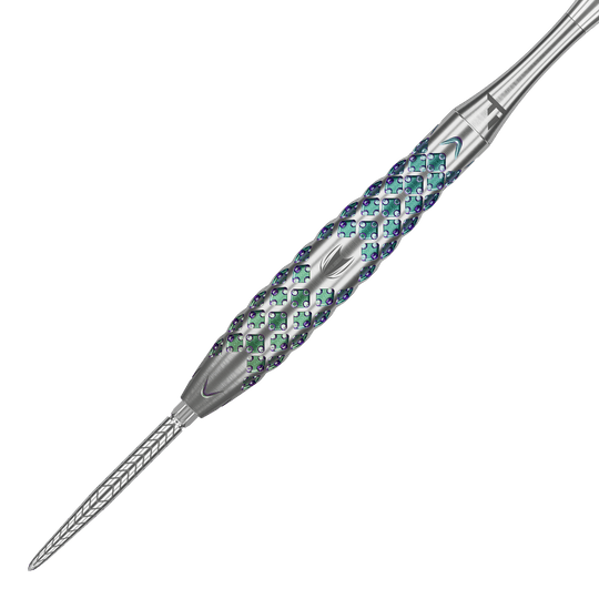 Target Rove 02 Swiss Point stalen dartpijlen Das Bild zeigt einen Target Rove 02 Swiss Point Steeldart. Der Dartpfeil hat ein silbernes Gehäuse mit auffälligem, farbigem Muster und präziser Gravur.