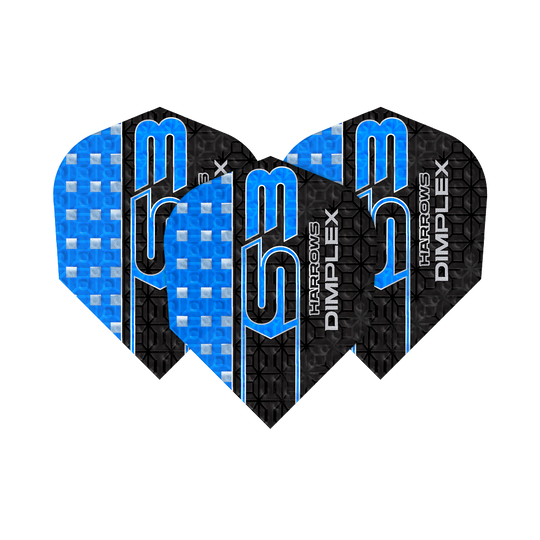 Harrows Dimplex S3 Flights - Blauw Das Bild zeigt drei blaue Harrows Dimplex S3 Flights für Darts. Die Flights haben ein auffälliges Design mit blauen und schwarzen Mustern sowie der Aufschrift "S3" und "Dimplex".