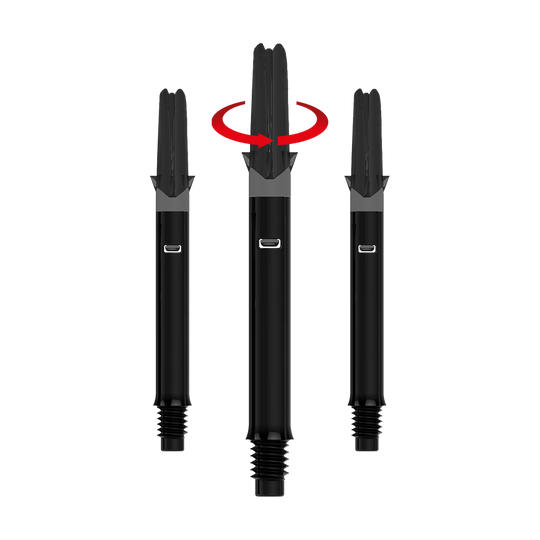 L-L-Style-Shafts Silent Straight - Zwart Das Bild zeigt drei schwarze Dartschäfte ohne Kappen. Über dem mittleren Schaft ist ein roter Pfeil, der eine Drehbewegung anzeigt.