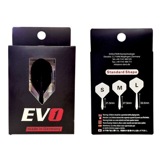 Evolution EVO1 Flight Shaft System - Zwart Evolution EVO1 Flight-Shaft-System in Schwarz ist dargestellt. Das Produkt ist für den Einsatz im Dartsport geeignet.