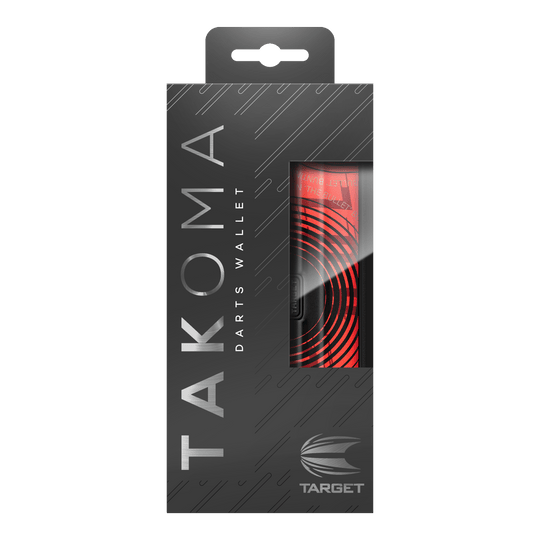 Target Takoma Stephen Bunting dartkoffer Die Abbildung zeigt die Verpackung des Produktes „Target Takoma Stephen Bunting Dartcase“. Das Etui ist rot-schwarz gestaltet und befindet sich in einer eleganten, schwarzen Box mit Sichtfenster.