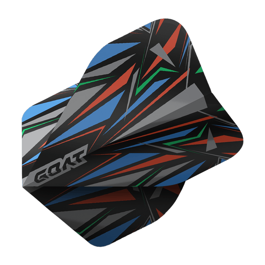 GOAT Athlete Black No2 Standaard Vluchten Das Bild zeigt das Produkt "GOAT Athlete Black No2 Standard Flights". Das Flight hat ein auffälliges, geometrisches Muster in Schwarz, Blau, Rot, Grün und Grau.