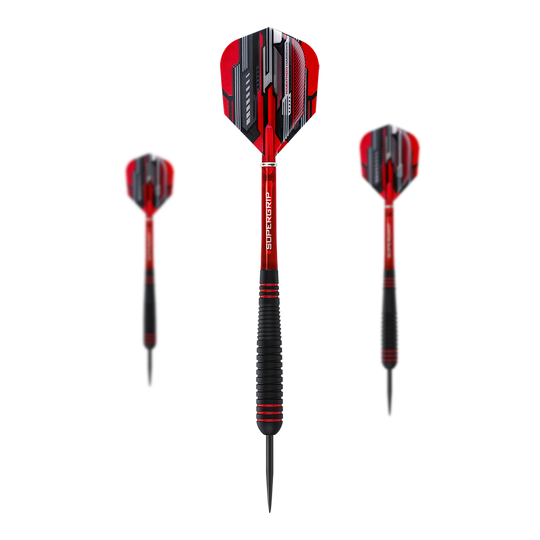 Harrows ACE Rubber Grip Steel Darts Das Bild zeigt drei Steeldarts des Modells "Harrows ACE Rubber Grip". Die Darts haben rote und schwarze Flights sowie einen schwarzen Griffbereich.