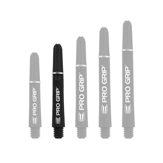 110164_Target_Pro_Grip_Shafts_Schwarz_375mm_1 Das Bild zeigt fünf schwarze Target Pro Grip Shafts in unterschiedlichen Längen. Auf jedem Shaft steht in weißer Schrift "PRO GRIP".