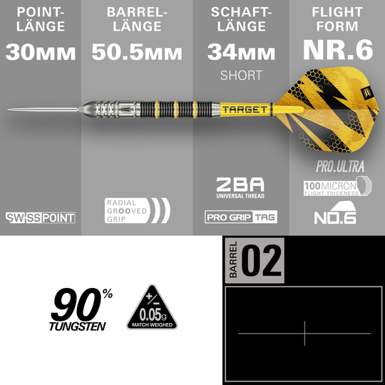 Target Buzz 02 Swiss Points stalen dartpijlen Hier sieht man die Target Buzz 02 Swiss Points Steeldarts. Die Darts sind deutlich und im Detail abgebildet.