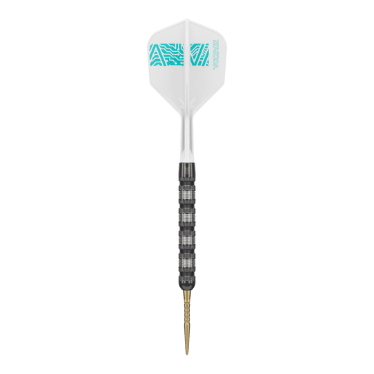 Das Bild zeigt einen Target Rob Cross 95K Swiss Point Steeldart. Der Dart hat eine weiße Flügel mit blauen Mustern und einen schwarzen, strukturierten Schaft mit einer goldenen Spitze.