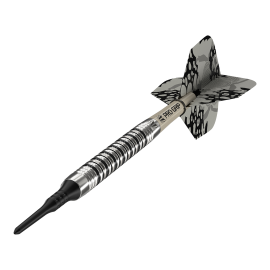 Target EXO 11 Zachte Darts Das Bild zeigt den Softdart "Target EXO 11". Er hat ein silber-schwarzes Design mit einem gemusterten Flight und einem Pro Grip Schaft.