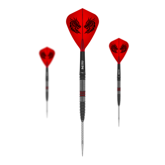 Das Foto stellt ein Set der Red Dragon Jonny Clayton Hireath Switch Point Steeldarts dar. Dieses Set bietet alles für ein professionelles Dartspiel.