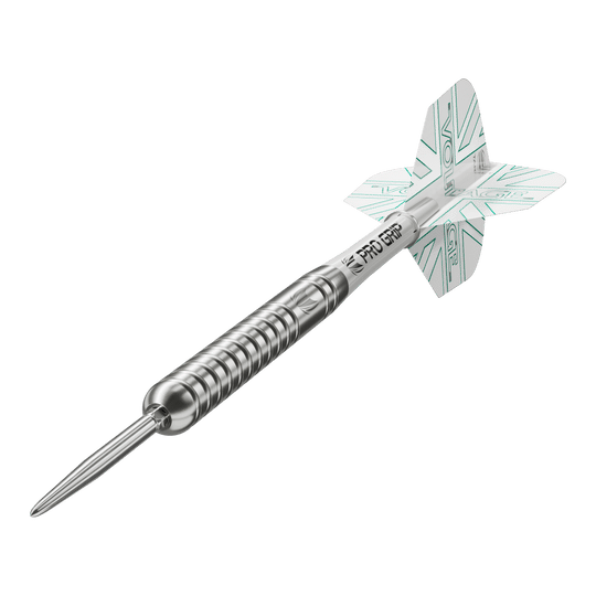 Das Bild zeigt einen Target Rob Cross Voltage Swiss Point Steeldart. Der Dartpfeil ist silbern und hat weiße Flights mit grünen Akzenten.